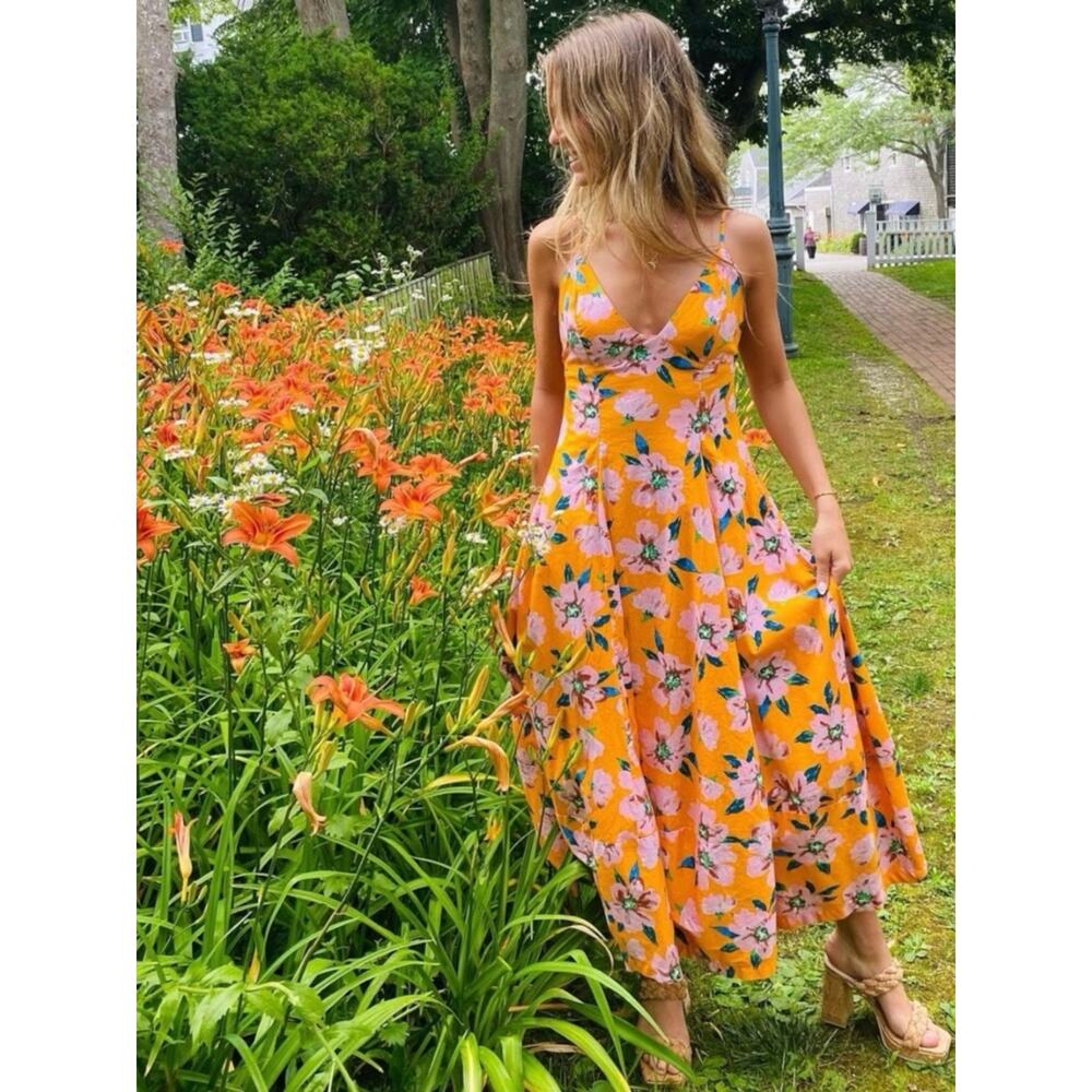 Free People Finer Things Printed Halter Midi Dress Sunshine Combo Tropical Large